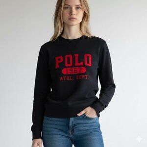 Polo Ralph Laure 67 Raised Felt Logo Black Pullover Sweatshirt Men's XS X-Small